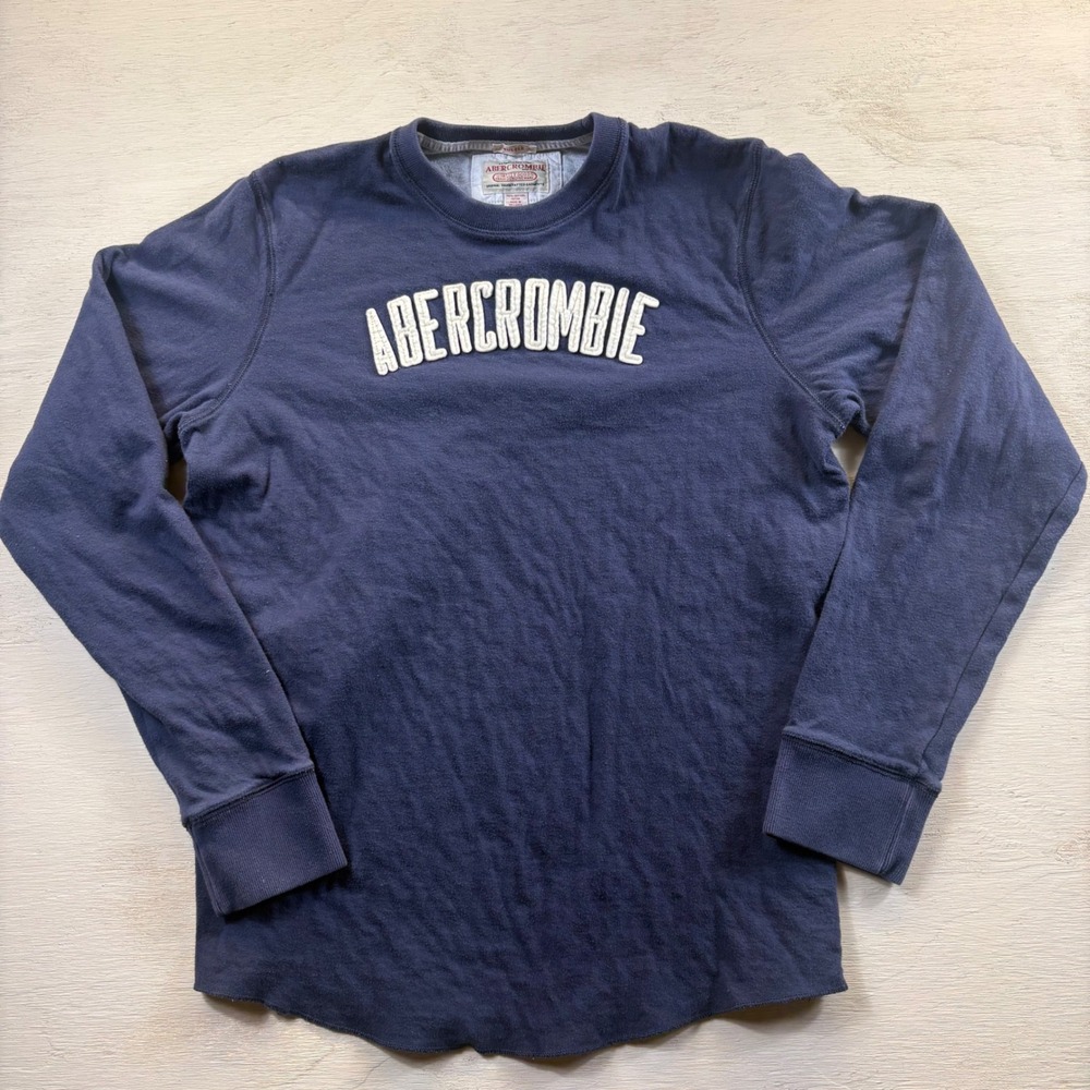 VTG Abercrombie & Fitch Mens XL Navy Blue Chenille Logo Long Sleeve Muscle Shirt